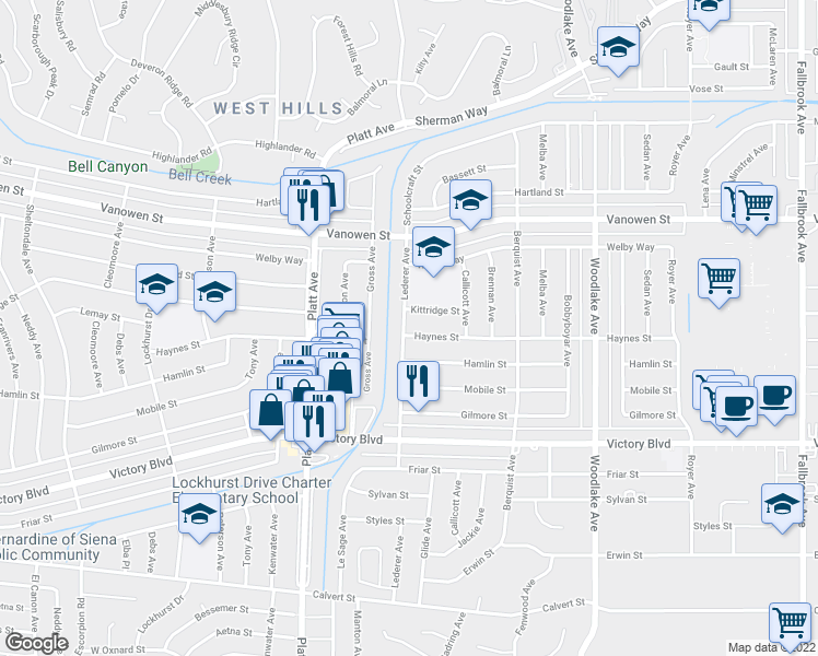 map of restaurants, bars, coffee shops, grocery stores, and more near 23463 Haynes Street in Los Angeles