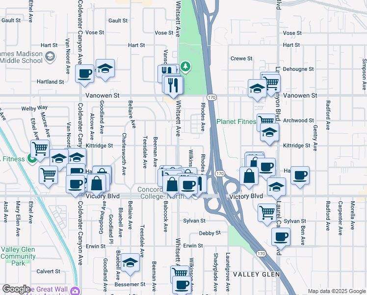 map of restaurants, bars, coffee shops, grocery stores, and more near 6533 Whitsett Avenue in Los Angeles