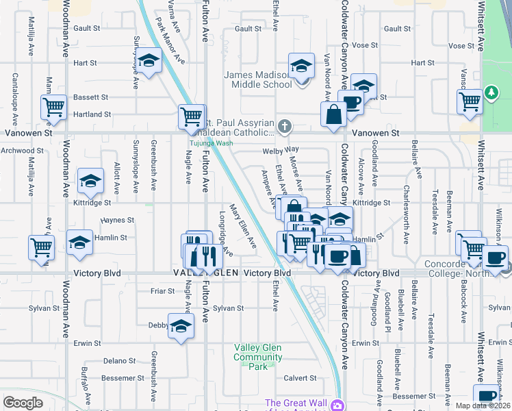 map of restaurants, bars, coffee shops, grocery stores, and more near 13118 Kittridge Street in Los Angeles
