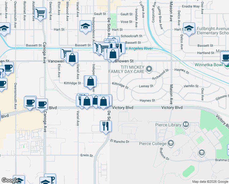 map of restaurants, bars, coffee shops, grocery stores, and more near 6540 Gazette Avenue in Los Angeles