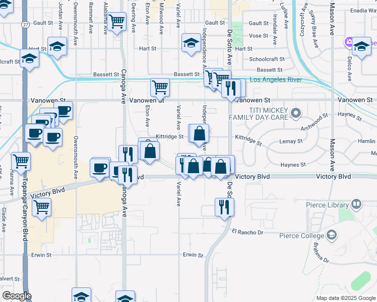 map of restaurants, bars, coffee shops, grocery stores, and more near 6601 Independence Avenue in Los Angeles