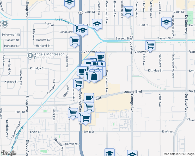 map of restaurants, bars, coffee shops, grocery stores, and more near 6600 Topanga Canyon Boulevard in Los Angeles