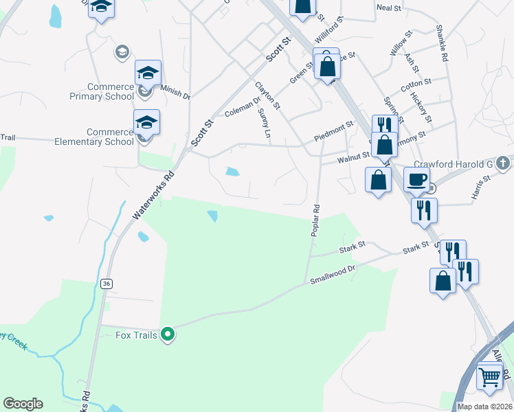 map of restaurants, bars, coffee shops, grocery stores, and more near 240 Millwood Drive in Commerce