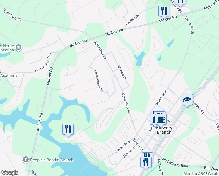 map of restaurants, bars, coffee shops, grocery stores, and more near 7060 Saratoga Drive in Flowery Branch