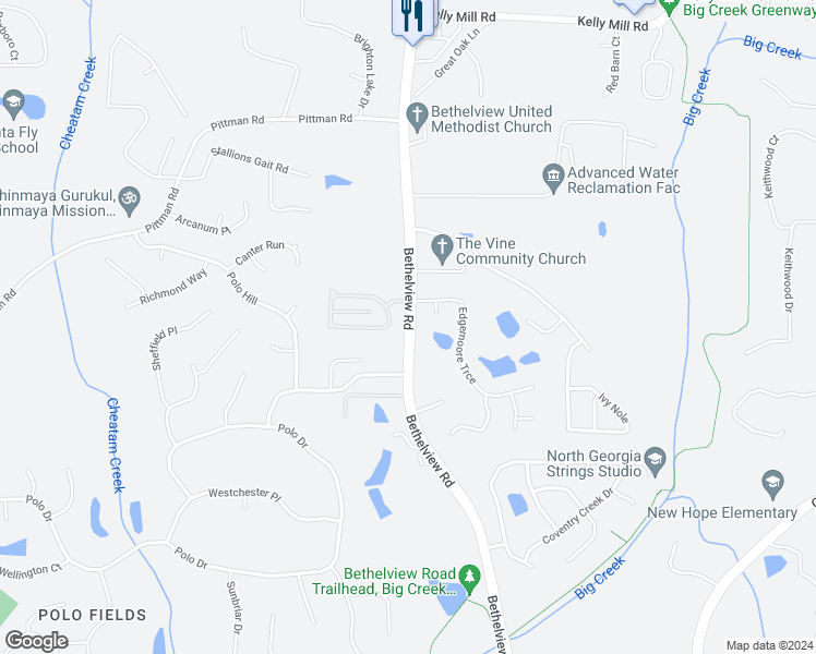 map of restaurants, bars, coffee shops, grocery stores, and more near 6995 Polo Fields Parkway in Cumming