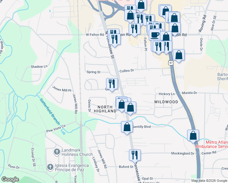 map of restaurants, bars, coffee shops, grocery stores, and more near 3 Guyton Street in Cartersville
