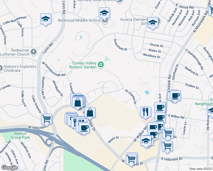 map of restaurants, bars, coffee shops, grocery stores, and more near 291 Sequoia Court in Thousand Oaks