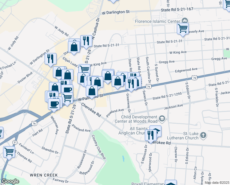 map of restaurants, bars, coffee shops, grocery stores, and more near 1626 West Palmetto Street in Florence