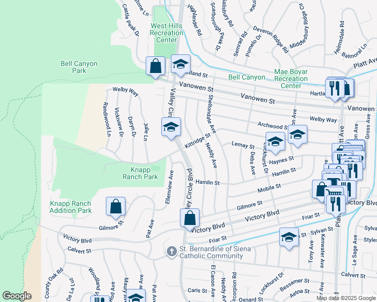map of restaurants, bars, coffee shops, grocery stores, and more near 6570 Valley Circle Boulevard in Los Angeles
