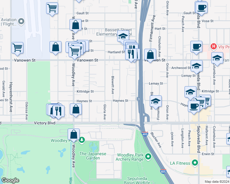 map of restaurants, bars, coffee shops, grocery stores, and more near 6560 Blewett Avenue in Los Angeles