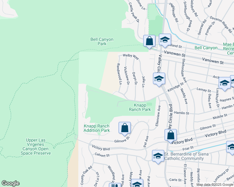 map of restaurants, bars, coffee shops, grocery stores, and more near 24630 Kittridge Street in Los Angeles County