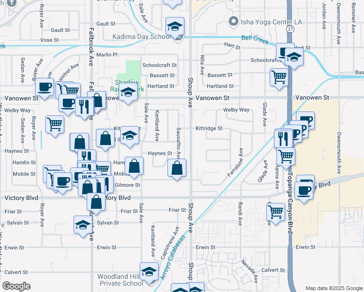 map of restaurants, bars, coffee shops, grocery stores, and more near 6566 Sausalito Avenue in Los Angeles