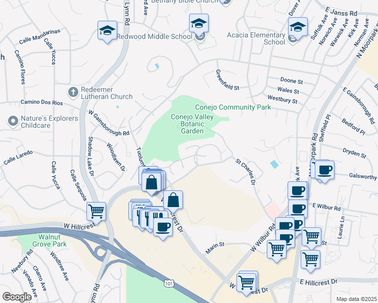 map of restaurants, bars, coffee shops, grocery stores, and more near 324 Chestnut Hill Court in Thousand Oaks
