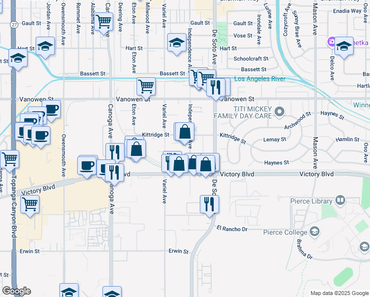 map of restaurants, bars, coffee shops, grocery stores, and more near 6601 Independence Avenue in Los Angeles