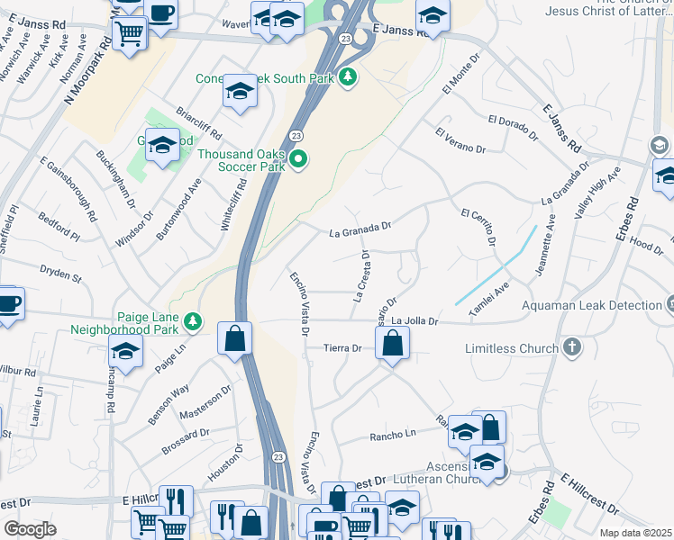 map of restaurants, bars, coffee shops, grocery stores, and more near 1248 La Peresa Drive in Thousand Oaks