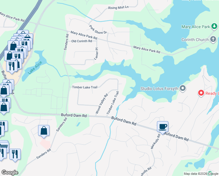 map of restaurants, bars, coffee shops, grocery stores, and more near 1215 Wood Valley Road in Cumming