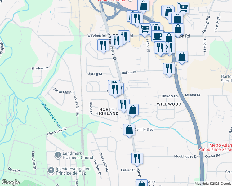 map of restaurants, bars, coffee shops, grocery stores, and more near 3 Guyton Street in Cartersville