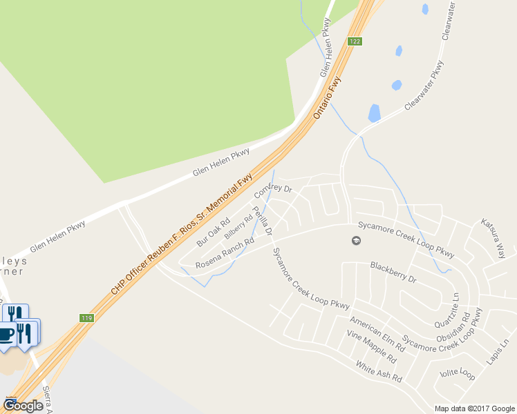 map of restaurants, bars, coffee shops, grocery stores, and more near 17561 Perilla Drive in San Bernardino