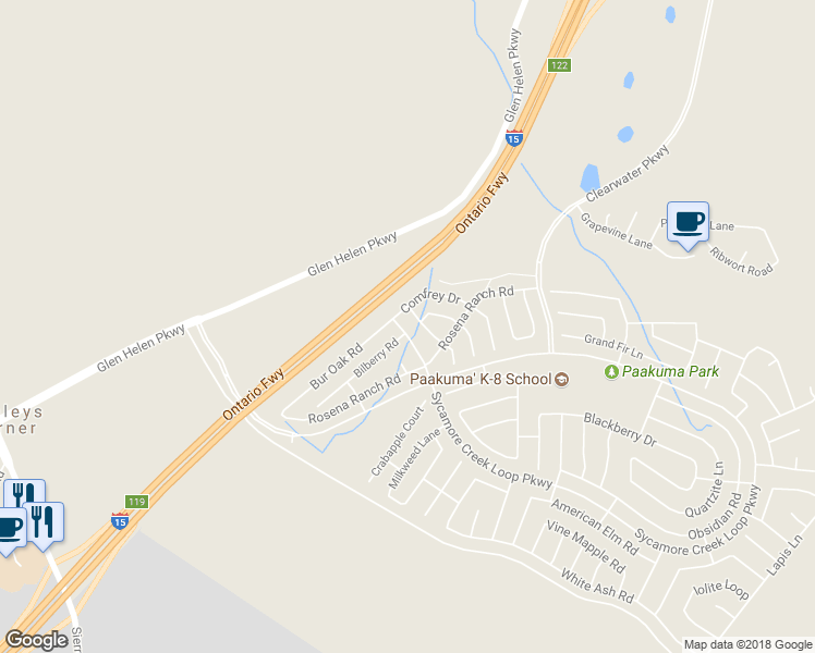 map of restaurants, bars, coffee shops, grocery stores, and more near 17561 Perilla Drive in San Bernardino