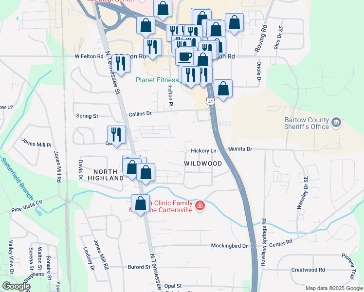 map of restaurants, bars, coffee shops, grocery stores, and more near 4 Piedmont Lane in Cartersville