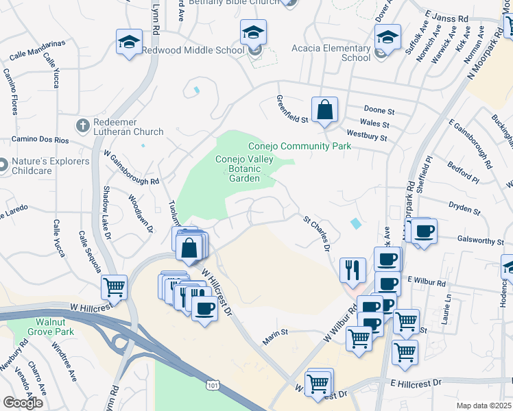 map of restaurants, bars, coffee shops, grocery stores, and more near 291 Sequoia Court in Thousand Oaks