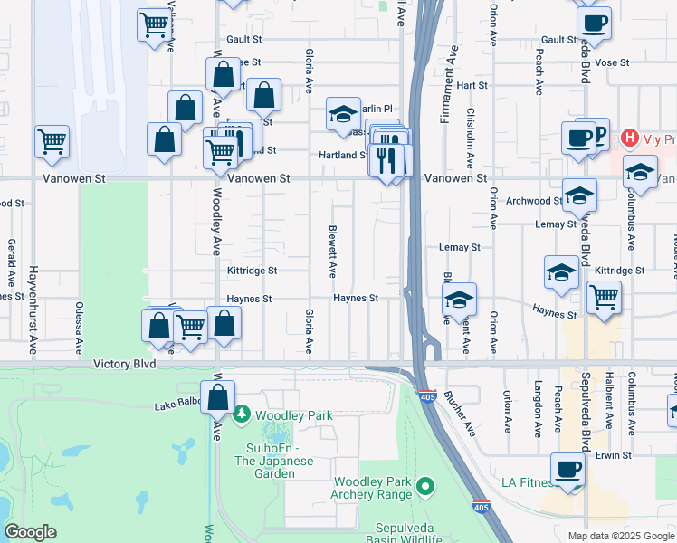map of restaurants, bars, coffee shops, grocery stores, and more near 6560 Blewett Avenue in Los Angeles