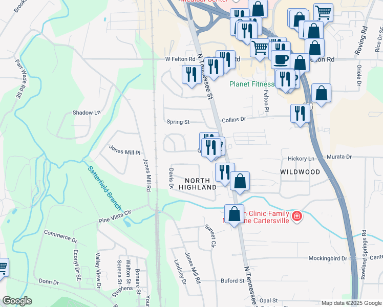 map of restaurants, bars, coffee shops, grocery stores, and more near 36 Quail Run in Cartersville