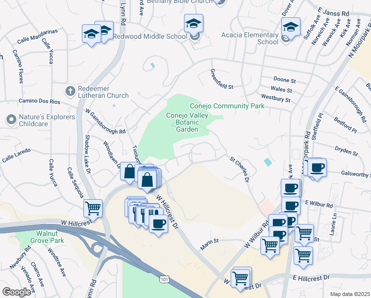 map of restaurants, bars, coffee shops, grocery stores, and more near 351 Chestnut Hill Court in Thousand Oaks