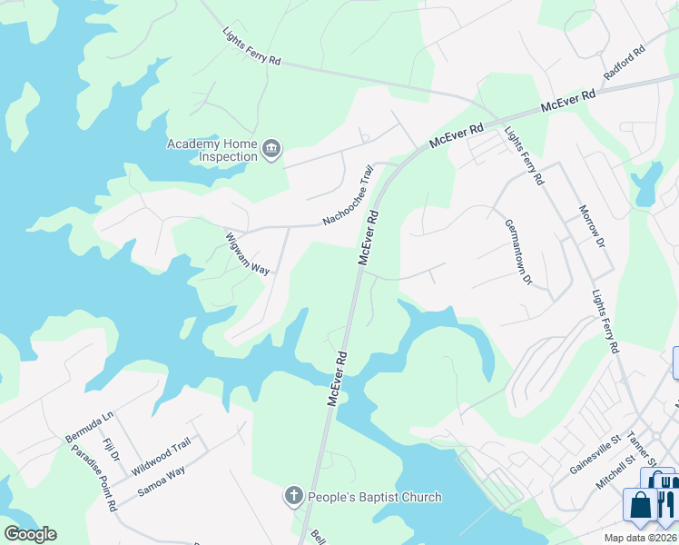 map of restaurants, bars, coffee shops, grocery stores, and more near 5972 McEver Road in Flowery Branch