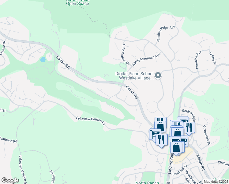 map of restaurants, bars, coffee shops, grocery stores, and more near 1439 Windy Mountain Avenue in Westlake Village