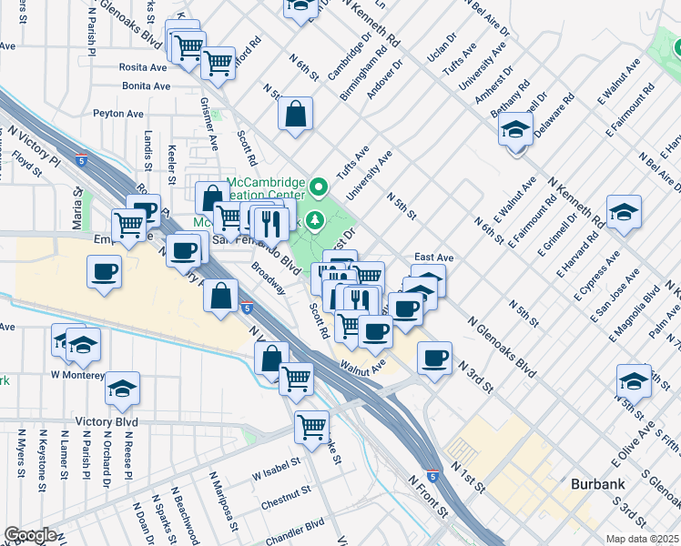 map of restaurants, bars, coffee shops, grocery stores, and more near 231 Bethany Road in Burbank