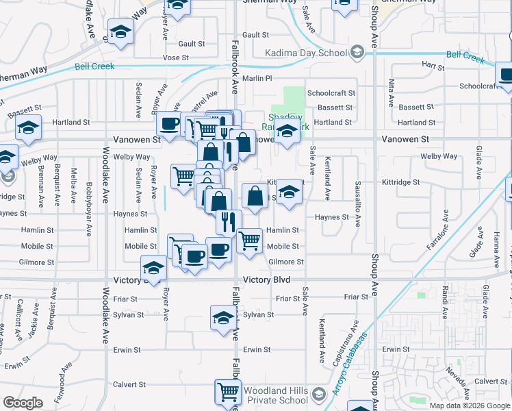 map of restaurants, bars, coffee shops, grocery stores, and more near 6571 Ponce Avenue in Los Angeles