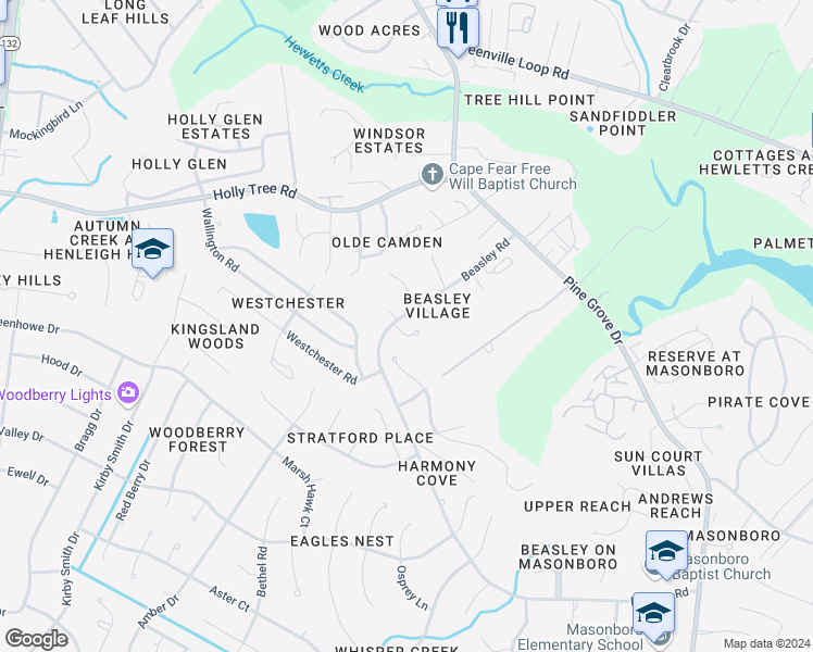 map of restaurants, bars, coffee shops, grocery stores, and more near 1105 Shelby Court in Wilmington
