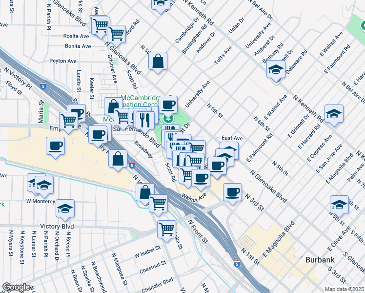map of restaurants, bars, coffee shops, grocery stores, and more near 231 Bethany Road in Burbank