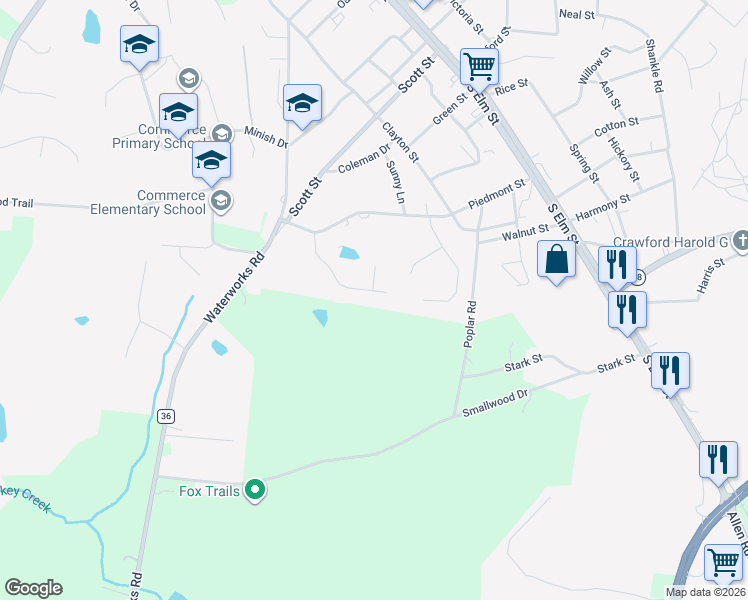 map of restaurants, bars, coffee shops, grocery stores, and more near 240 Millwood Drive in Commerce