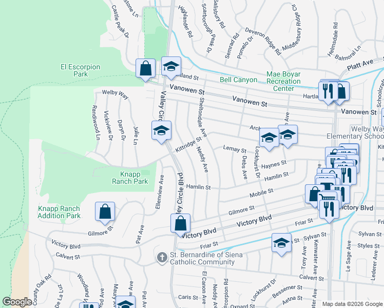 map of restaurants, bars, coffee shops, grocery stores, and more near 6574 Franrivers Avenue in Los Angeles