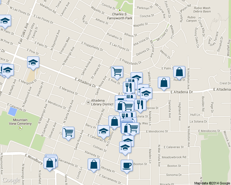 map of restaurants, bars, coffee shops, grocery stores, and more near 670 East Pine Street in Altadena