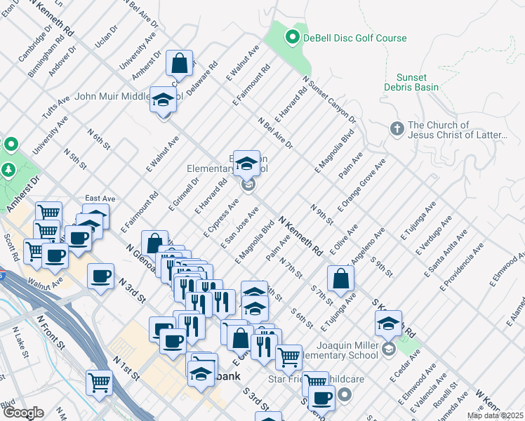 map of restaurants, bars, coffee shops, grocery stores, and more near in Burbank