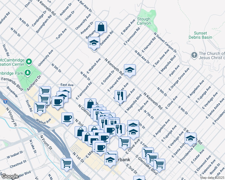 map of restaurants, bars, coffee shops, grocery stores, and more near 704 East Harvard Road in Burbank