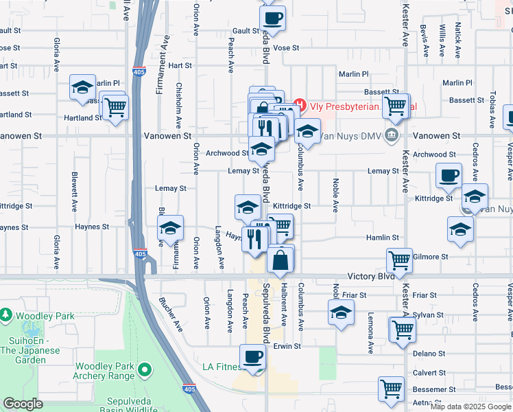 map of restaurants, bars, coffee shops, grocery stores, and more near 6625 North Sepulveda Boulevard in Los Angeles