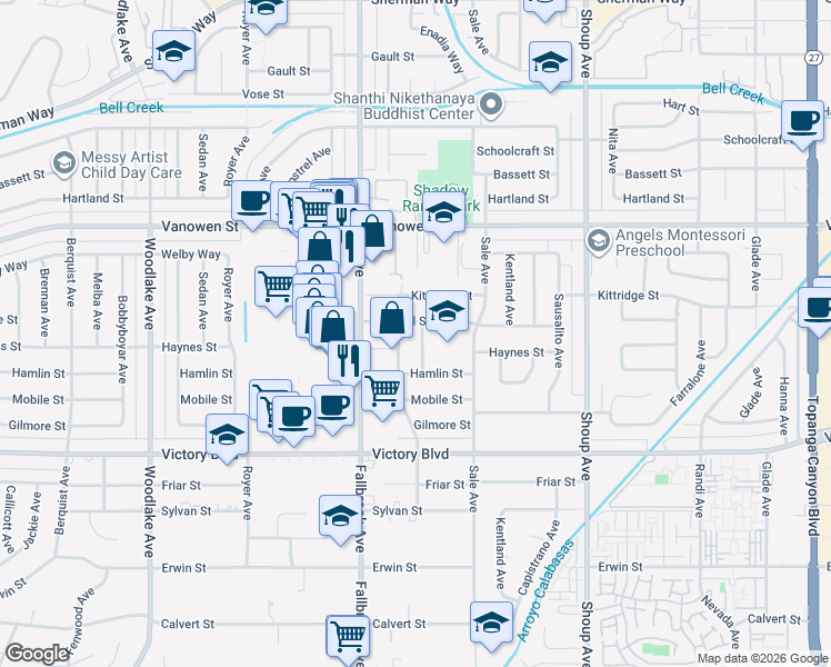 map of restaurants, bars, coffee shops, grocery stores, and more near 22673 Criswell Street in Los Angeles