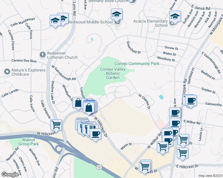 map of restaurants, bars, coffee shops, grocery stores, and more near 351 Chestnut Hill Court in Thousand Oaks