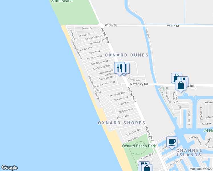 map of restaurants, bars, coffee shops, grocery stores, and more near 5131 Breakwater Way in Oxnard