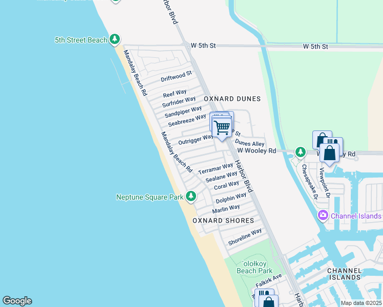 map of restaurants, bars, coffee shops, grocery stores, and more near 5246 Outrigger Way in Oxnard