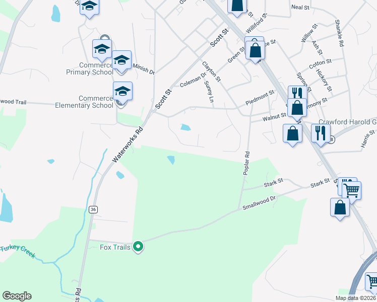 map of restaurants, bars, coffee shops, grocery stores, and more near 190 Millwood Drive in Commerce