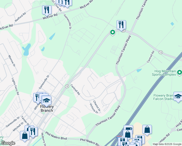 map of restaurants, bars, coffee shops, grocery stores, and more near 4968 Vireo Drive in Flowery Branch