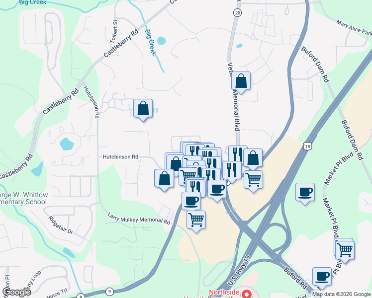 map of restaurants, bars, coffee shops, grocery stores, and more near 355 Azalea Circle in Cumming