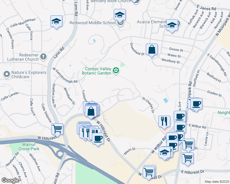 map of restaurants, bars, coffee shops, grocery stores, and more near 324 Chestnut Hill Court in Thousand Oaks