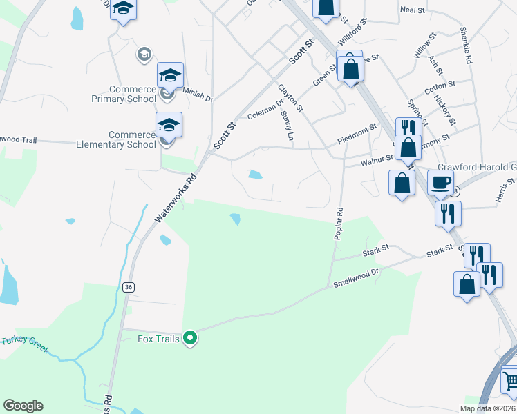 map of restaurants, bars, coffee shops, grocery stores, and more near 190 Millwood Drive in Commerce