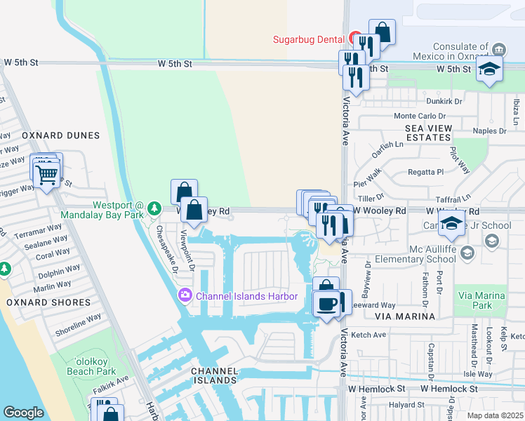 map of restaurants, bars, coffee shops, grocery stores, and more near in Oxnard